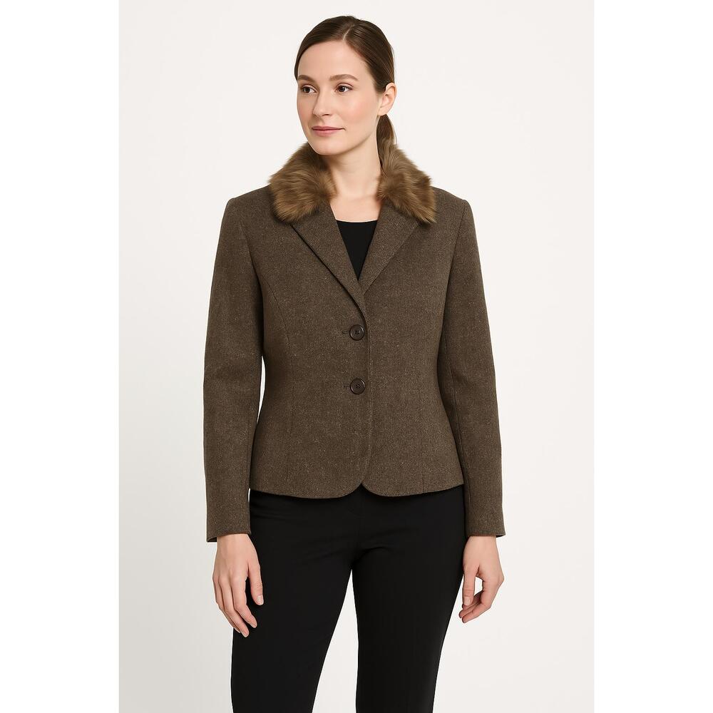 Norton McNaughton Brown‎ Tweed Faux Fur Collar 2Button Blazer Jacket Size 12